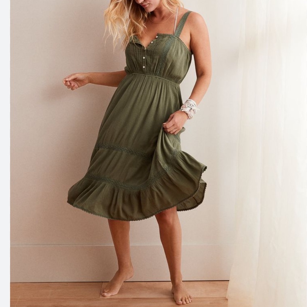 Aerie Hippie Goblin Fairy Grunge Peasant Cottage Milkmaid Sage Green Dress S